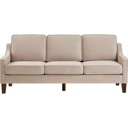 Modern 3 Piece seat Sofa Couch with Scooped Armrest/Wood legs,Upholstered Velvet 3-seat Sofa with Removable Cushions for Livingroom Bedroom,Taupe