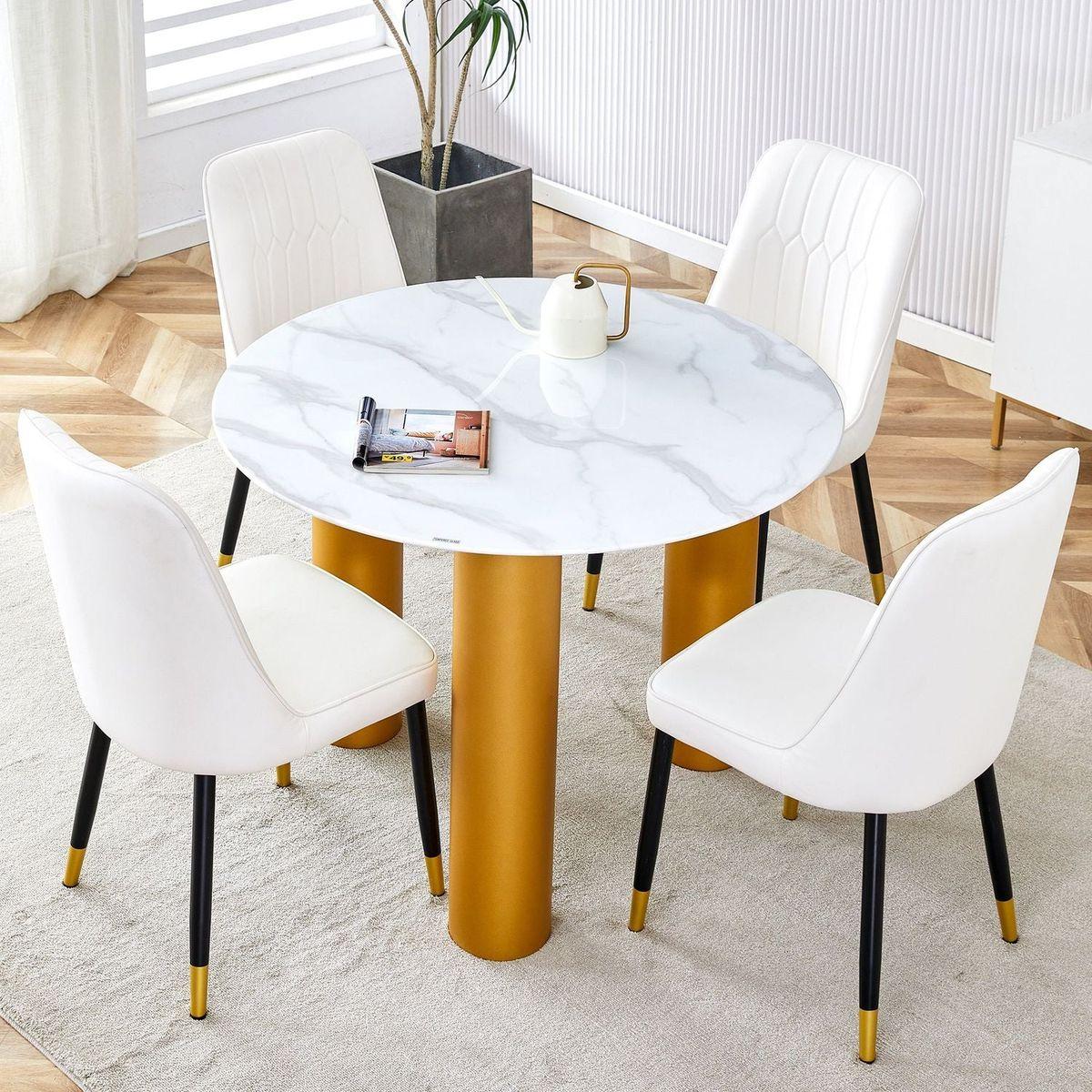Round white dining table, artificial marble glass stickers, golden MDF legs, kitchen dining table, living room dining table 40 "x 40" x 29.4 "F-X03
