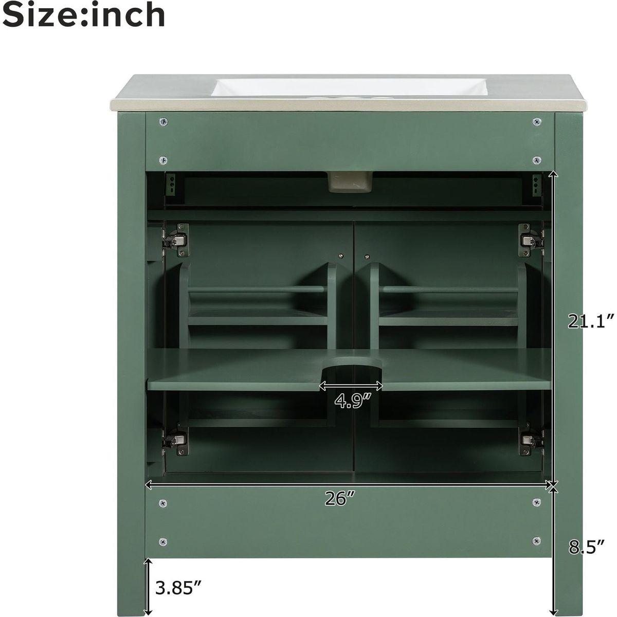 30-inch Bathroom Vanity with Ceramic Sink, Modern Green Single Bathroom Cabinet with 2 Doors and a Shelf, Soft Close Doors