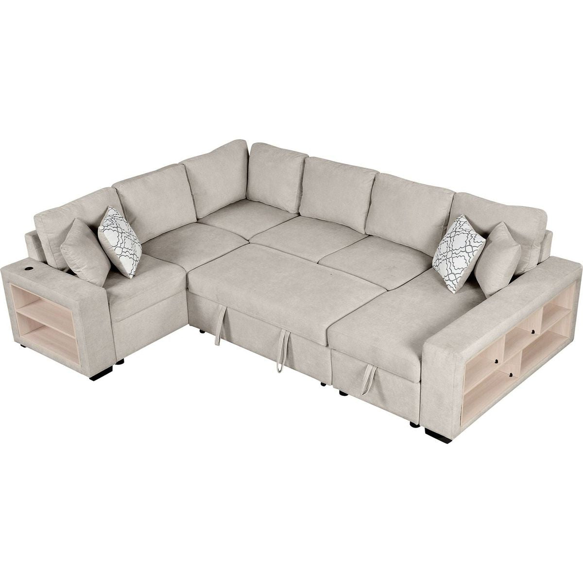 109" U-shaped Sectional Sofa Pull-out Sofa Bed with Two USB Ports, a Storage Chaise Lounge and Four Back Pillows for Living Room, Beige
