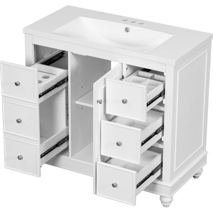 Contemporary White Bathroom Vanity Cabinet - 36x18x34 inches, 4 Drawers & 1 Cabinet Door, Multipurpose Storage, Resin Integrated Sink, Adjustable Shelves, Solid Wood Frame with MDF