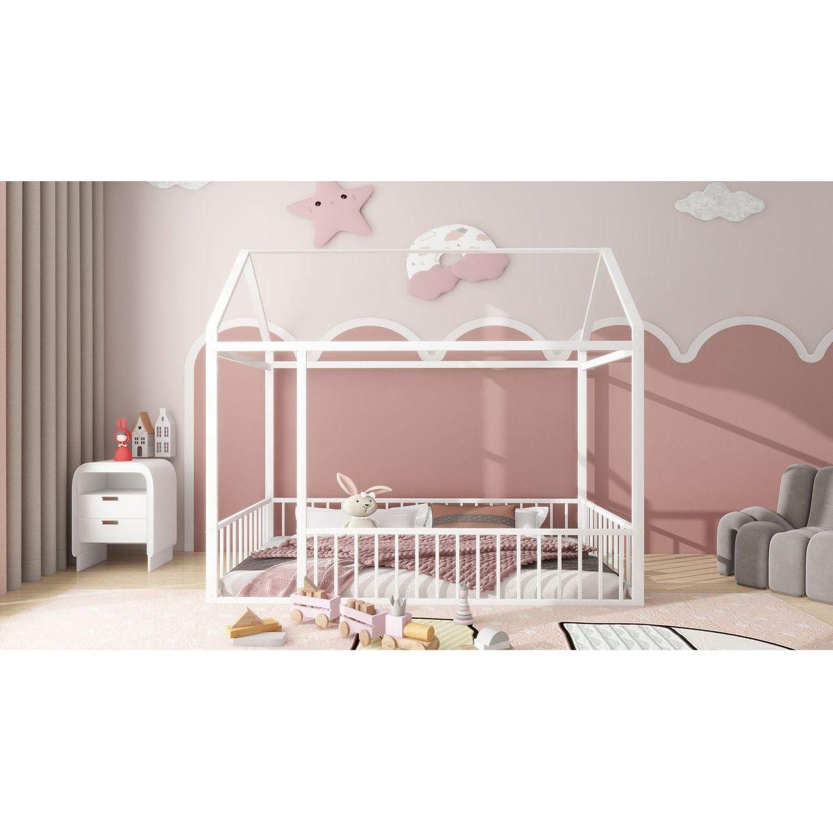 Twin Size Metal Bed House Bed Frame with Fence, for Kids, Teens, Girls, Boys, White