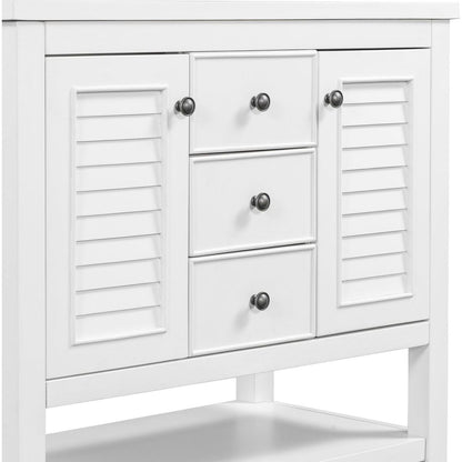 36" Bathroom Vanity without Sink, Cabinet Base Only, Two Cabinets and Drawers, Open Shelf, Solid Wood Frame, White