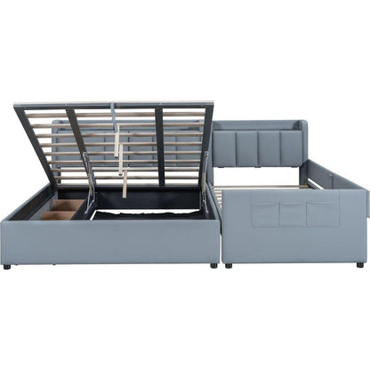 Queen Size & Twin XL Size Upholstered Platform Bed, Mother & Child Bed with Hydraulic Storage System, Drawer Box, Bedhead storage shelf and Two pairs of sockets & USB Ports, PU Leather, Gray