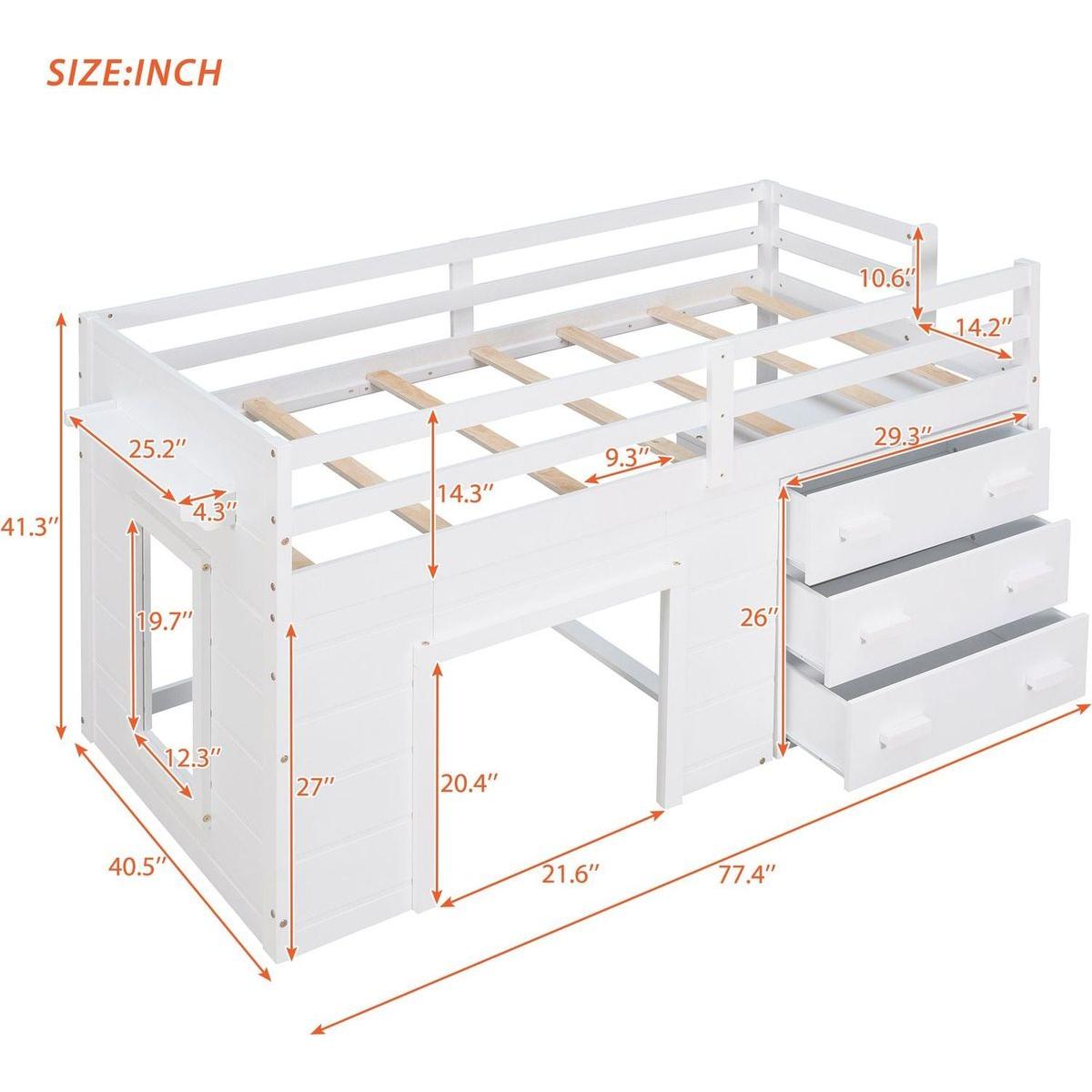 Twin Size Loft Bed with Cabinet and Shelf - White