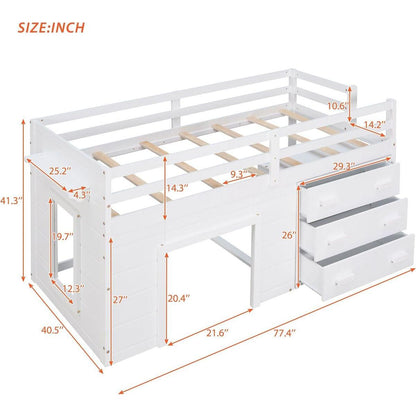 Twin Size Loft Bed with Cabinet and Shelf - White