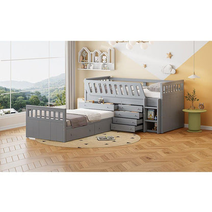L-shaped Space-Saving Twin Loft and Twin Platform Bed with 7 Drawers and Full Guardrails(GRAY)