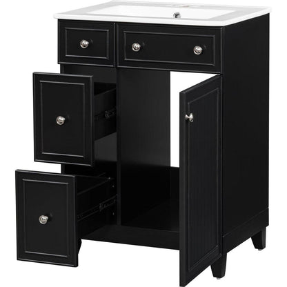 24-Inch Bathroom Vanity Cabinet with Ceramic Sink, 2 Drawers, 1 Door