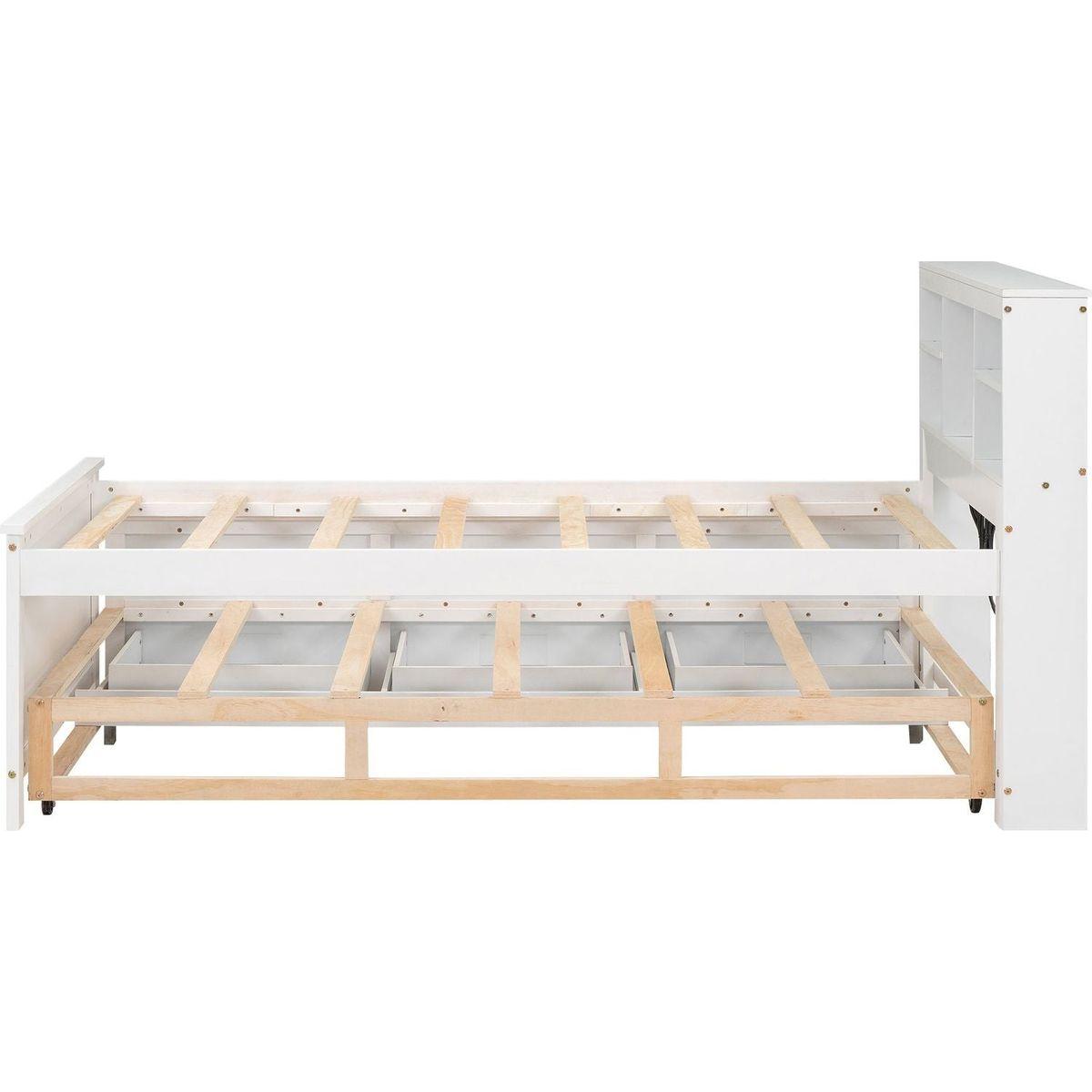 Twin Size Platform Bed with Storage Headboard, USB, Twin Size Trundle and 3 Drawers, White