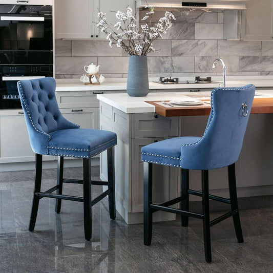 Contemporary Velvet Upholstered Barstools with Button Tufted Decoration and Wooden Legs, and Chrome Nailhead Trim, Leisure Style Bar Chairs,Bar stools, Set of 2 (Blue)