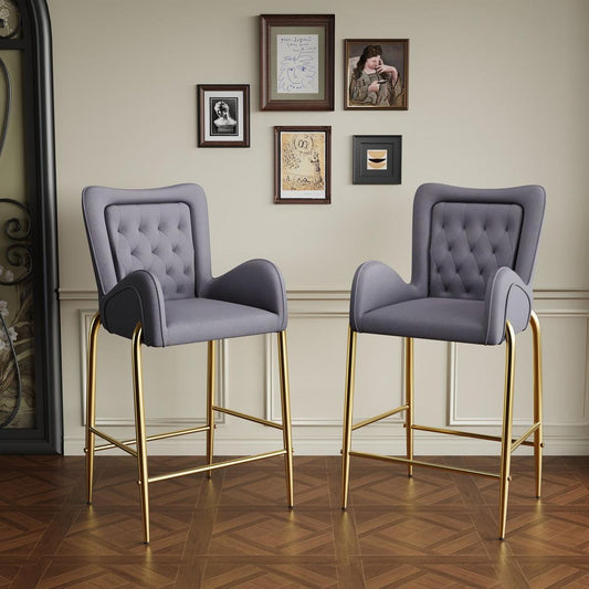 28.75inch Counter Height Bar Stools Set of 2, Bar Height Arm Chairs, Velvet Fabric Stools with Golden Legs and Footrests,Gray