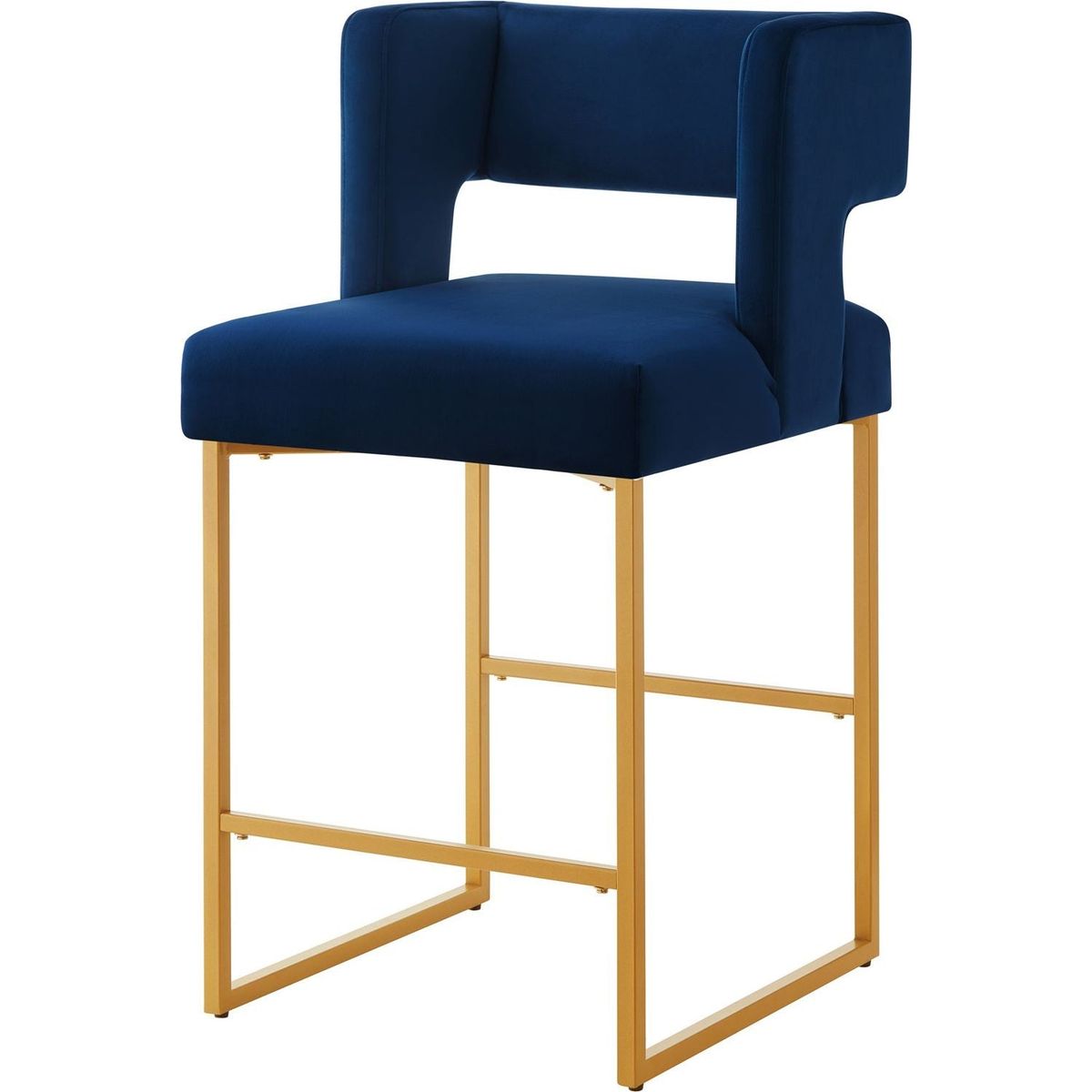 Modern Fashion Counter Height Bar Stools with Unique Square Open Backrest, Set of 2 Versatile Bar Chairs with Sturdy Iron Legs, 26" H Counter Height Chairs for kitchen islands, Navy /Gold