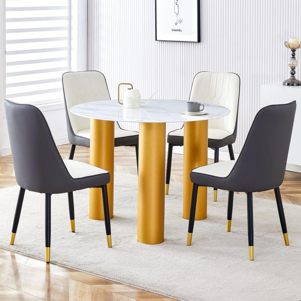 Table and chair set, round table with white marble pattern, gold MDF table legs, soft and comfortable dining chair, suitable for kitchen and living room