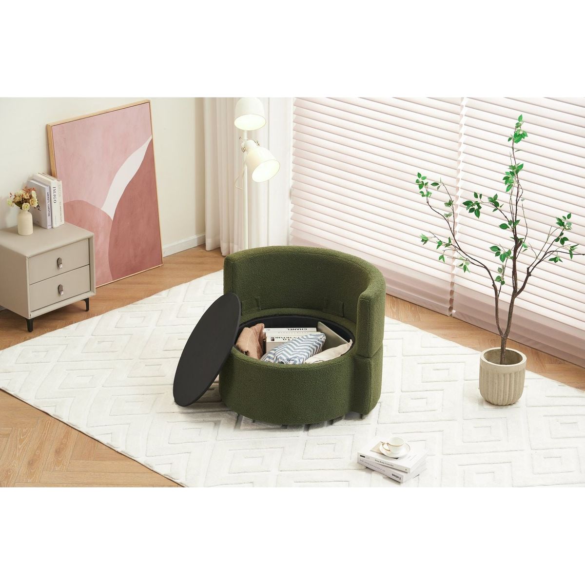 Teddy Fabric Swivel And Storage Chair With Back Cushion For Living Room,Green