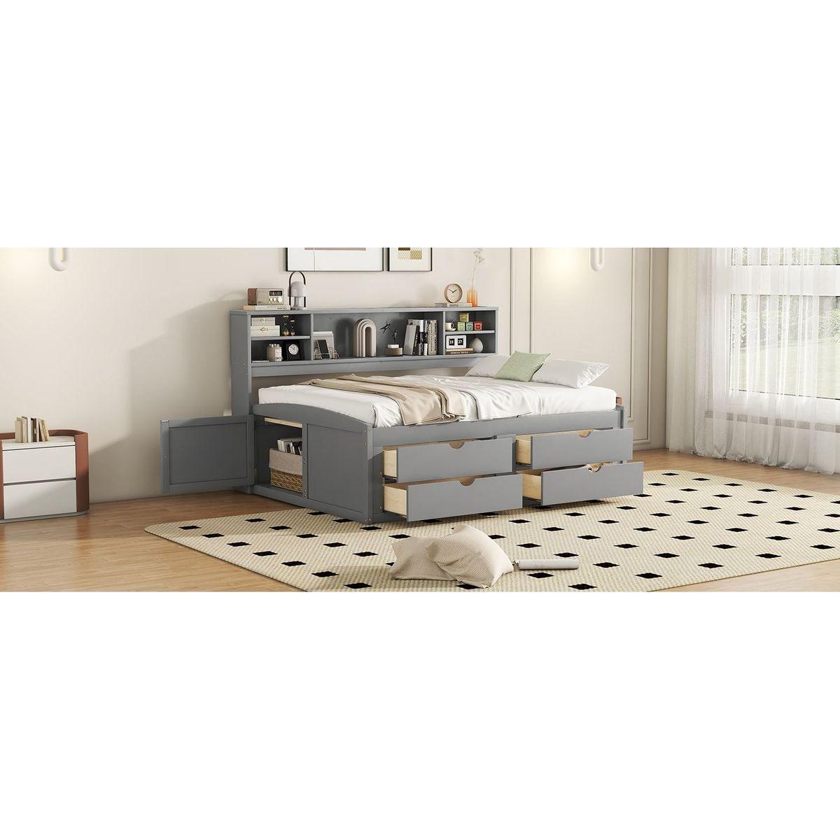 Full Size Wood Daybed with 2 Bedside Cabinets, Upper Shelves and 4 Drawers, Gray