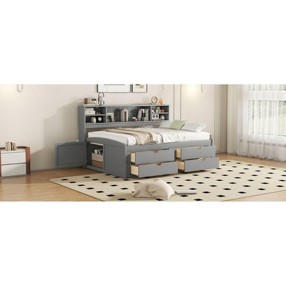 Full Size Wood Daybed with 2 Bedside Cabinets, Upper Shelves and 4 Drawers, Gray