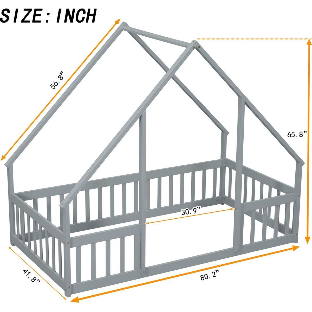 Twin Wood House-Shaped Floor Bed with Fence, Guardrails, Grey