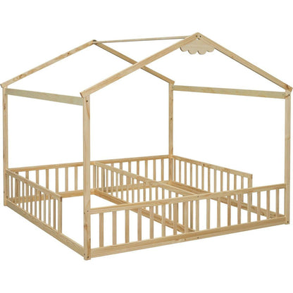 Double Twin House-Style Floor Bed with Fence, Guardrails, without door, Natural