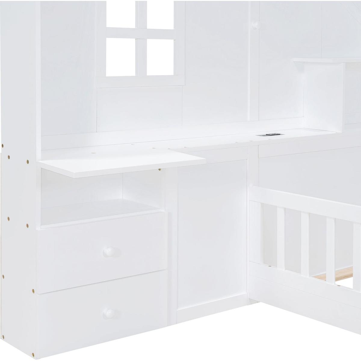 Twin Size House Bed with Window and Bedside Drawers, Platform Bed with Shelves and a set of Sockets and USB Port, White