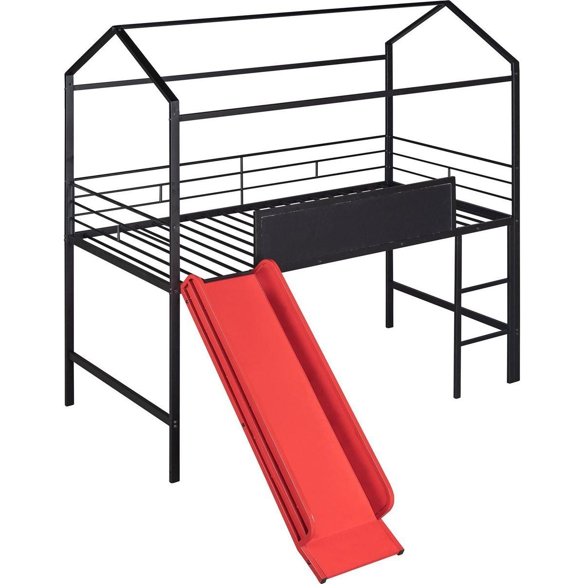 Metal House Bed With Slide, Twin Size Metal Loft Bed with Two-sided writable Wooden Board (Black and Red)