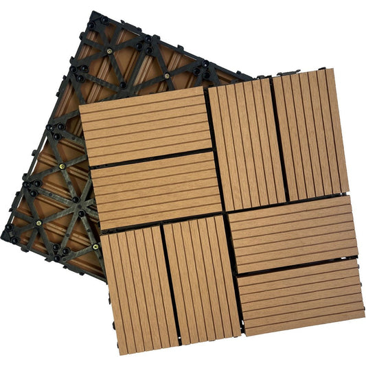 Wood Plastic Composite Deck Tiles Set of 20pcs, Composite Decking Resist Rust, Water, Weather, Indoor&Outdoor, DIY Interlocking Decking Tiles, Floor Tile,Durable, 12x12in Wood color