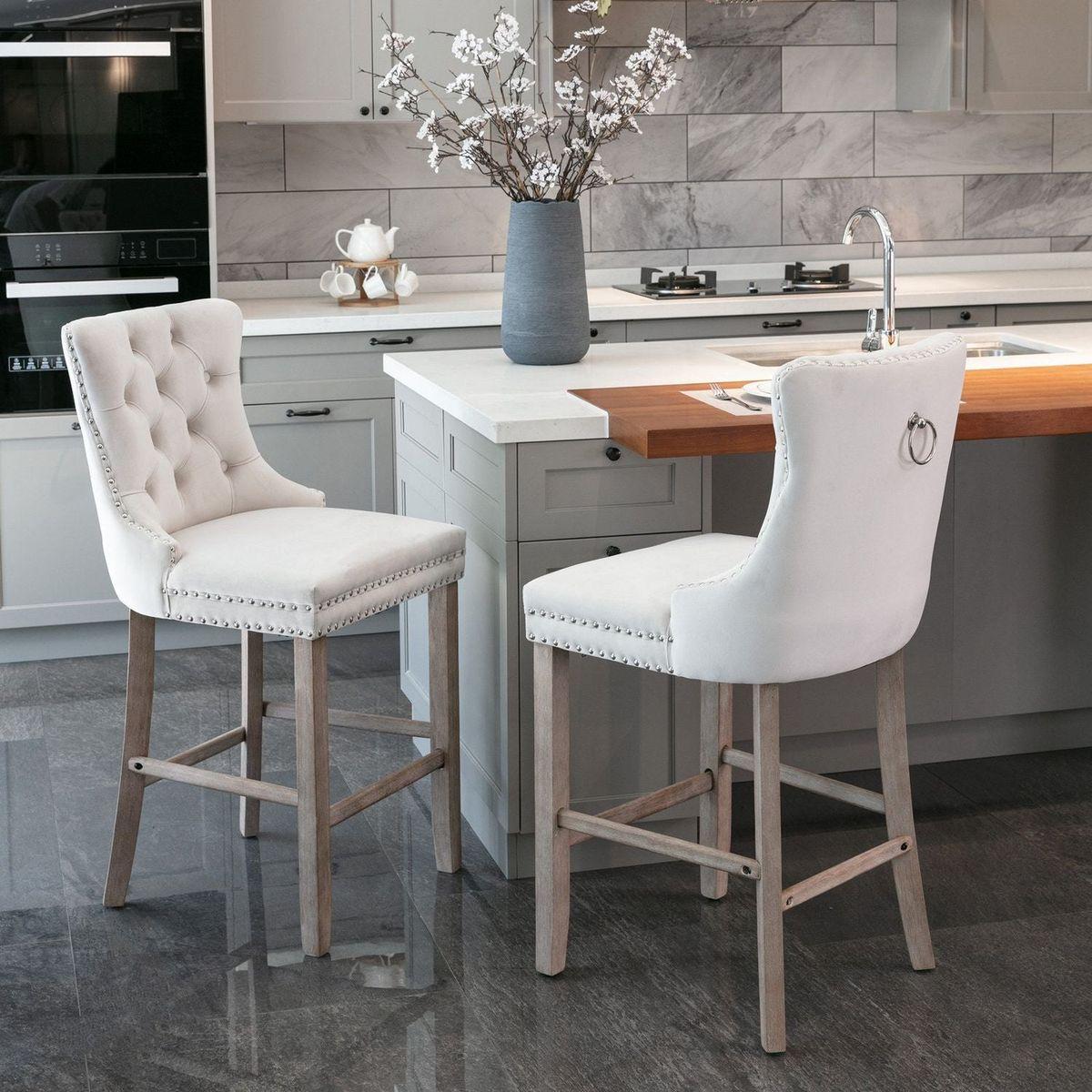 Contemporary Velvet Upholstered Barstools with Button Tufted Decoration and Wooden Legs, and Chrome Nailhead Trim, Leisure Style Bar Chairs,Bar stools, Set of 2 (Beige)