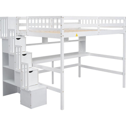 Full Size Loft Bed with Built-in Desk, Bookshelves and Storage Staircase,White