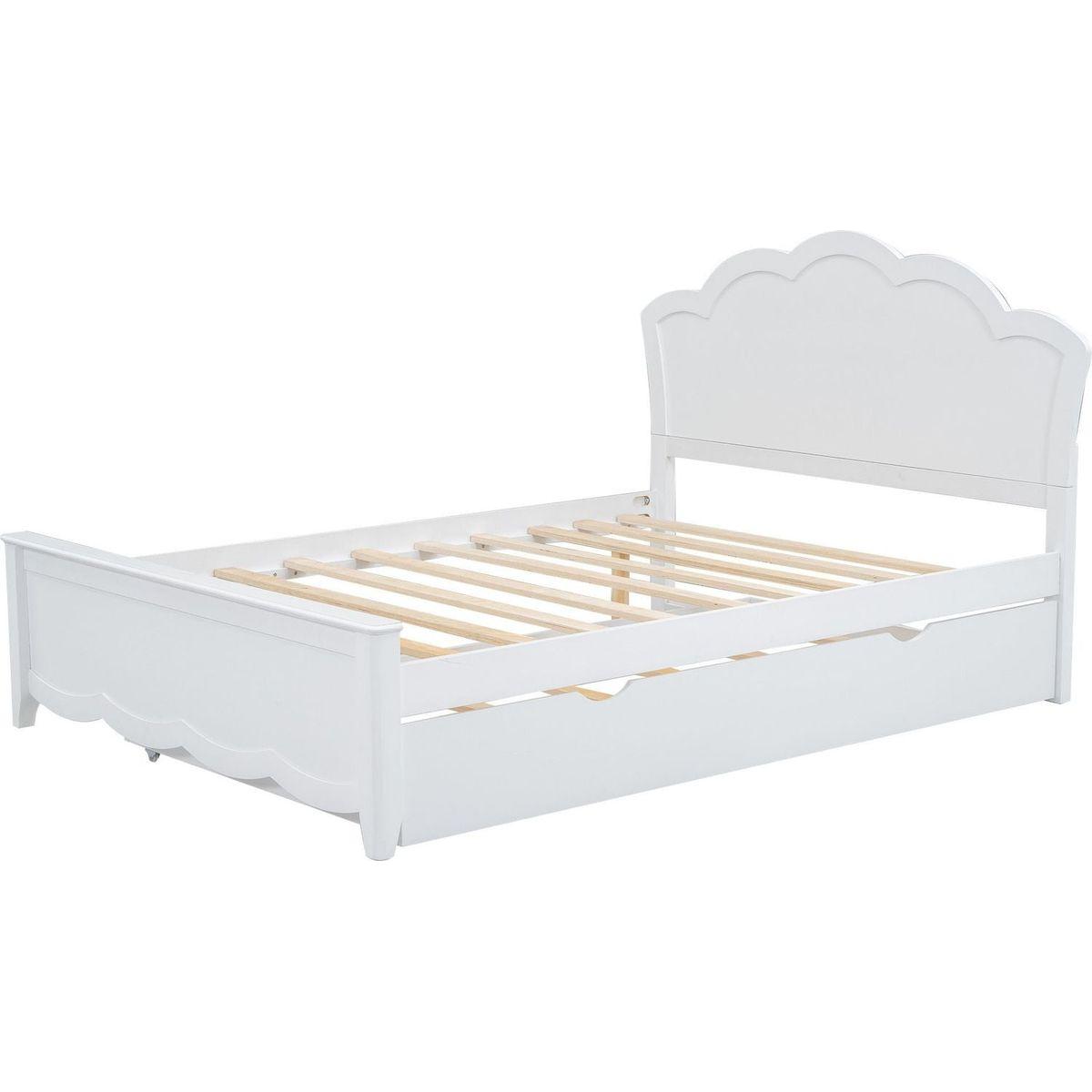 Full Size Wood Platform Bed with Headboard and Twin Size Trundle, White - Streamdale Furniture
