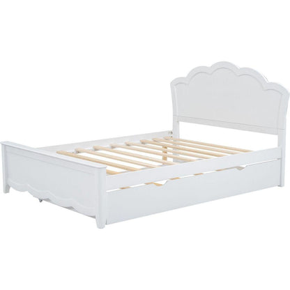 Full Size Wood Platform Bed with Headboard and Twin Size Trundle, White - Streamdale Furniture