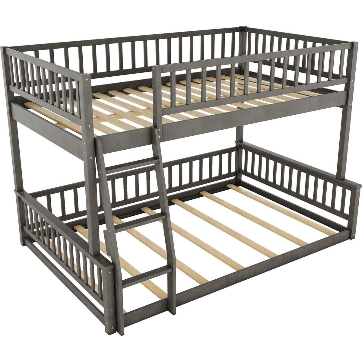 Full XL over Queen Bunk Bed with Ladder and Guardrails, Gray