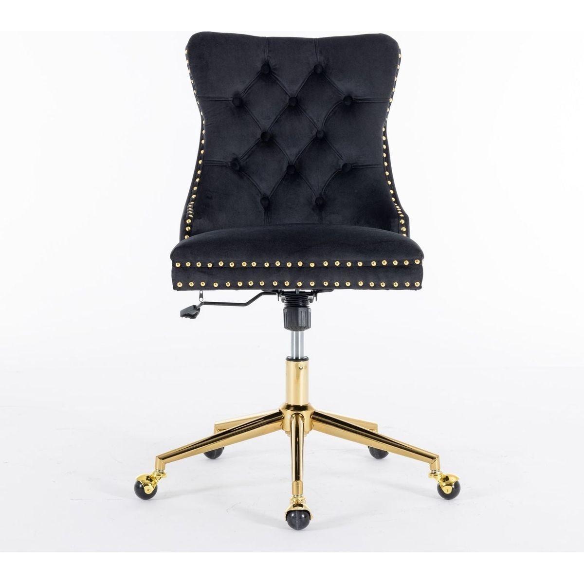 Office Chair,Velvet Upholstered Tufted Button Home Office Chair with Golden Metal Base,Adjustable Desk Chair Swivel Office Chair (Black)