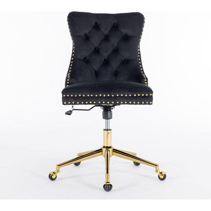 Office Chair,Velvet Upholstered Tufted Button Home Office Chair with Golden Metal Base,Adjustable Desk Chair Swivel Office Chair (Black)