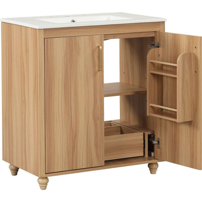 30" Bathroom Vanity with Sink Combo, Multi-functional Bathroom Cabinet with Doors and Drawer, MDF Board, Natural