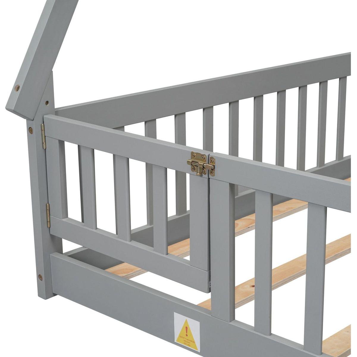 Full Tent-shaped Floor Bed, with Guardrails, Slats, Door, Grey