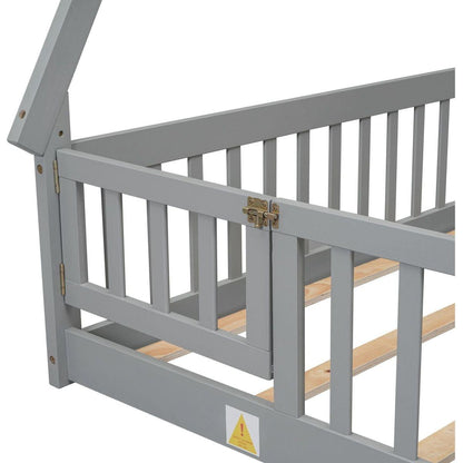 Full Tent-shaped Floor Bed, with Guardrails, Slats, Door, Grey