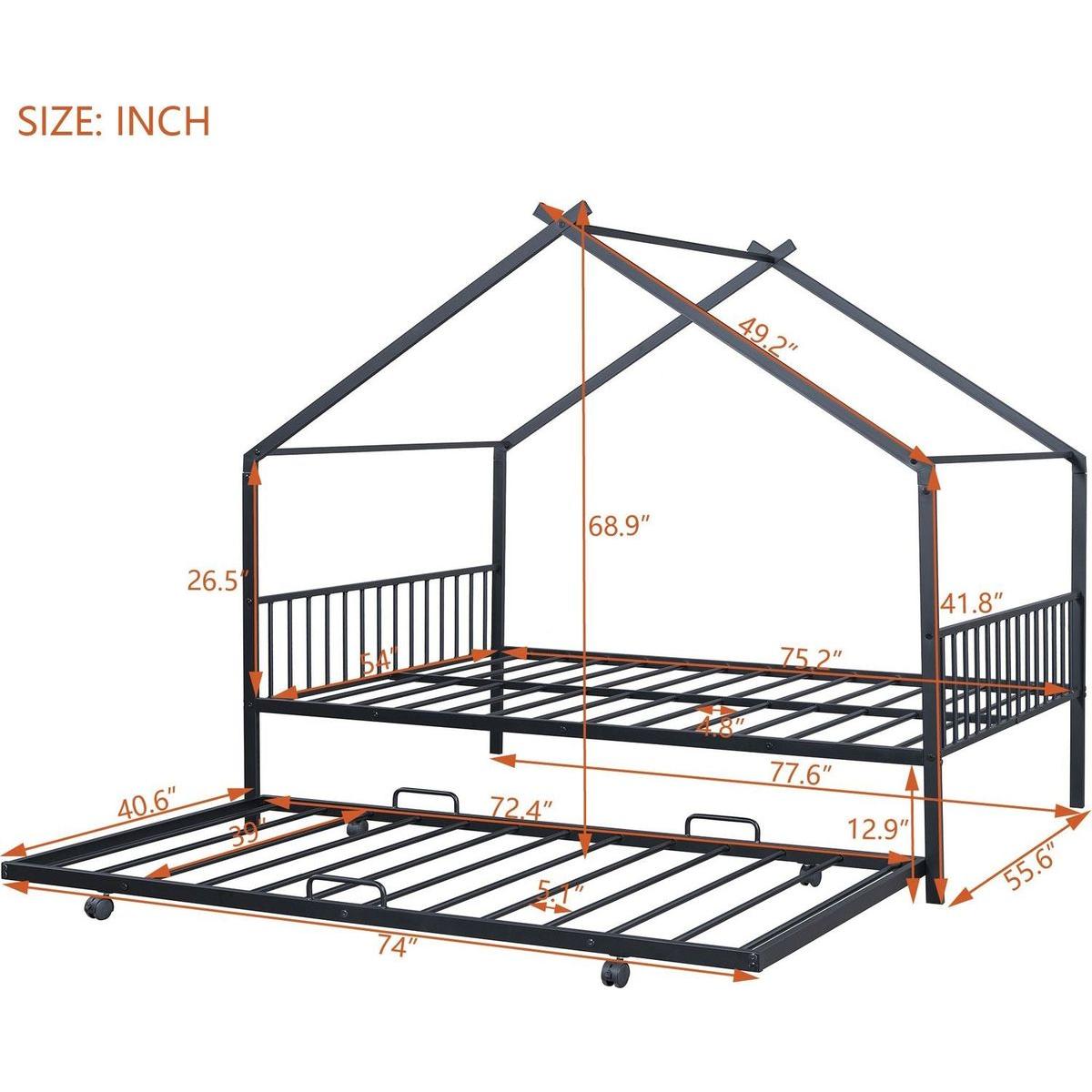 Full Size Metal House Bed with Twin Size Trundle, Black