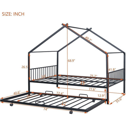 Full Size Metal House Bed with Twin Size Trundle, Black