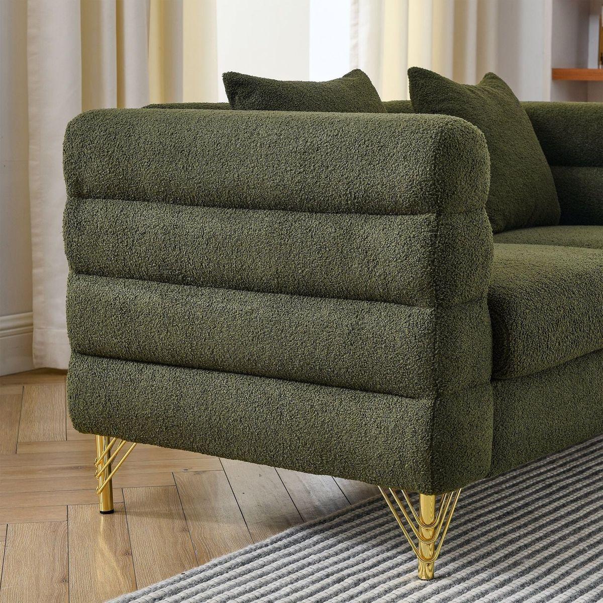 60Inch Oversized 2 Seater Sectional Sofa, Living Room Comfort Fabric Sectional Sofa-Deep Seating Sectional Sofa, Soft Sitting with 2 Pillows for Living Room, Bedroom, Office, Green teddy