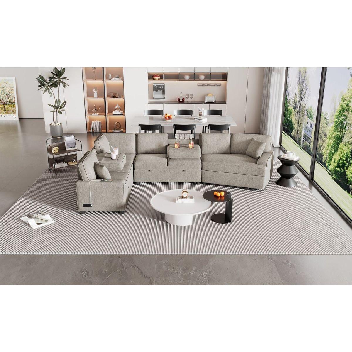 126" L-shaped Sofa Sectional Sofa Couch Pull-out Sofa Bed with Charging Devices and Cup Holders for Living Room, Beige