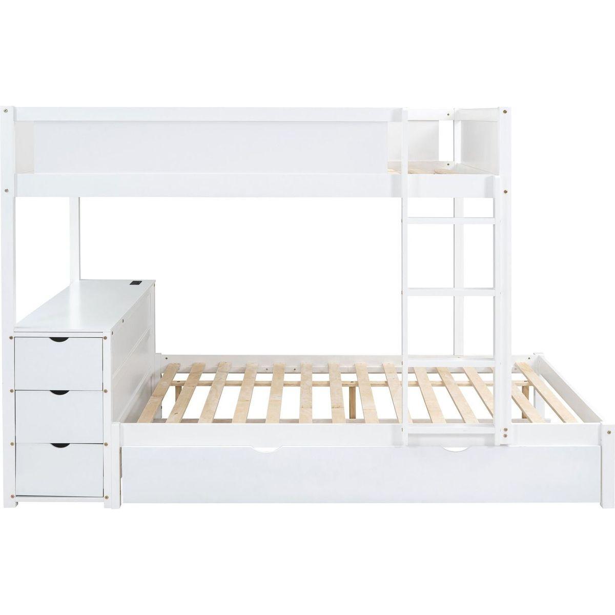 Full-Over-Full Bunk Bed with Twin size Trundle, Storage and Desk, White