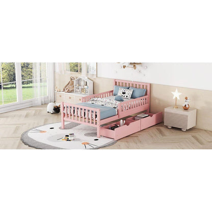 Twin Size Wood Platform Bed with Guardrails on Both Sides and Two Storage Drawers, Pink