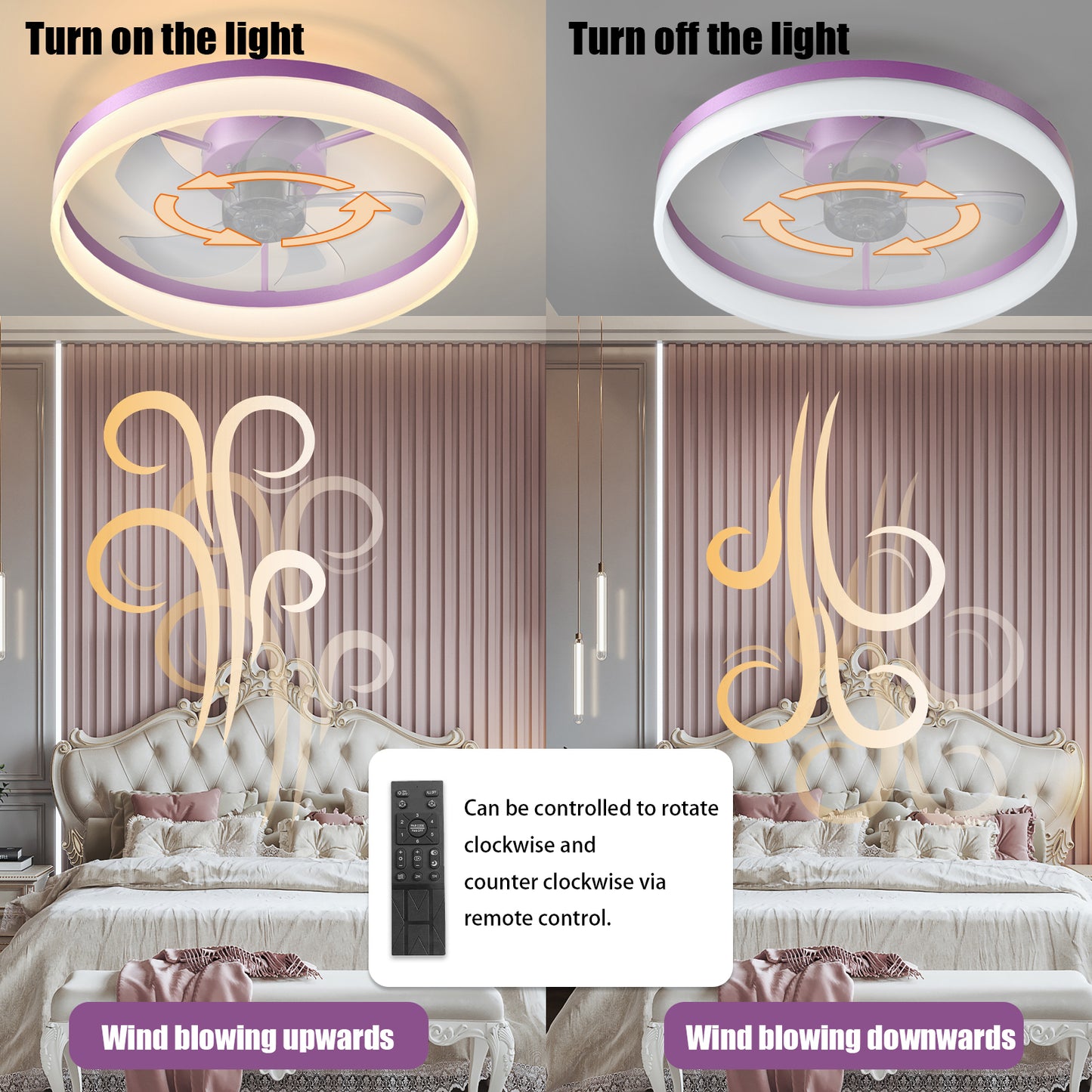 Ceiling Fans with Lights Dimmable LED Embedded installation of thin modern ceiling fans(Purple)