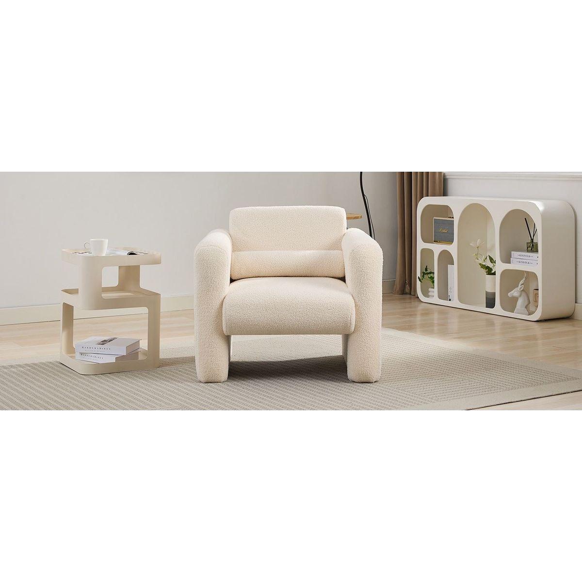 Modern Accent Chair Lambskin Sherpa Fabric Upholstered Comfy Reading Arm Chair Soft Padded Armchair with Back and Pillow for Living Room Bedroom Reception Waiting Room Office, Cream