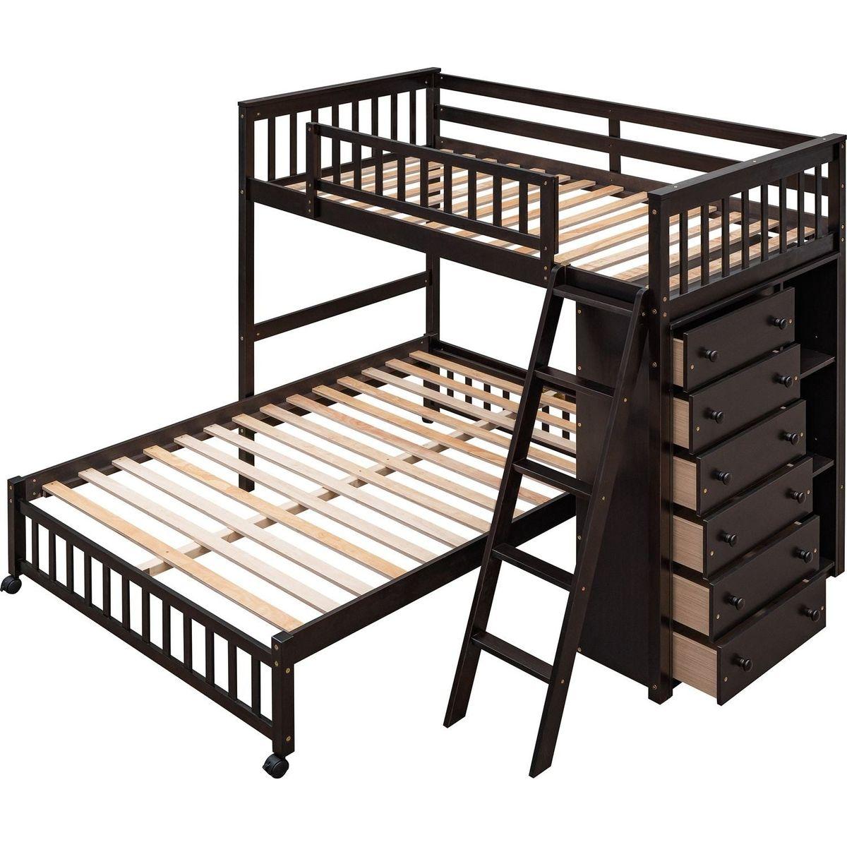 Wooden Twin Over Full Bunk Bed With Six Drawers And Flexible Shelves,Bottom Bed With Wheels,Espresso