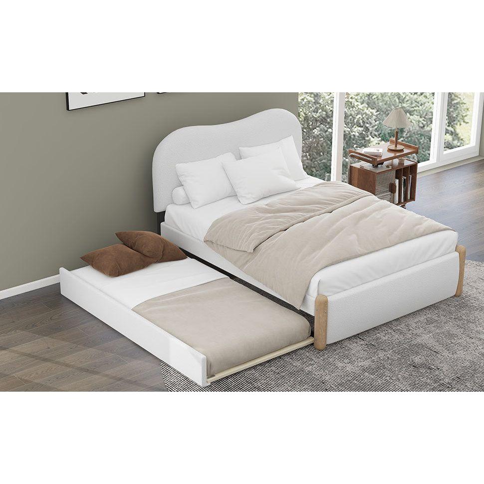 Full Size Upholstered Platform Bed with Wood Supporting Feet and Twin Size Trundle, White