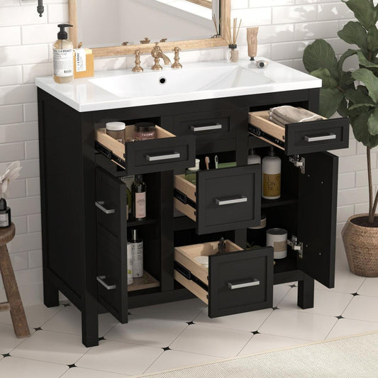 36" Bathroom Vanity Cabinet with Resin Integrated Sink - 4 Drawers, 2 Doors