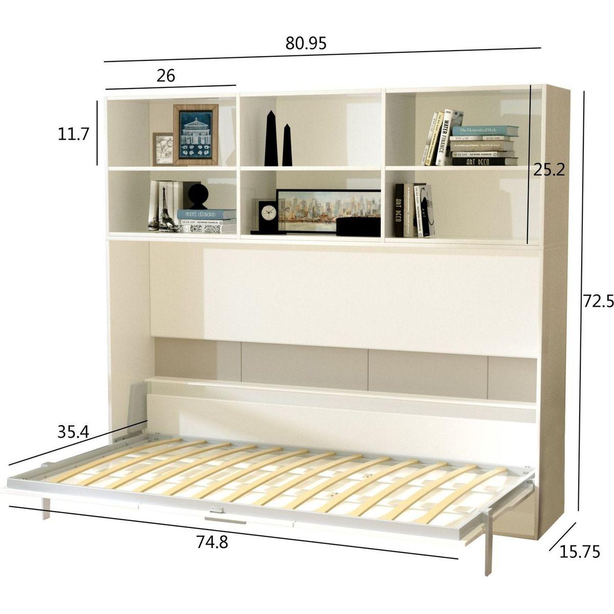 Mordern Design Twin Size Horizontal Murphy Bed with Shelf Storage for Bedroom or Guestroom White Wall Bed Space Saving Hidden Bed with New Style Gas Struts