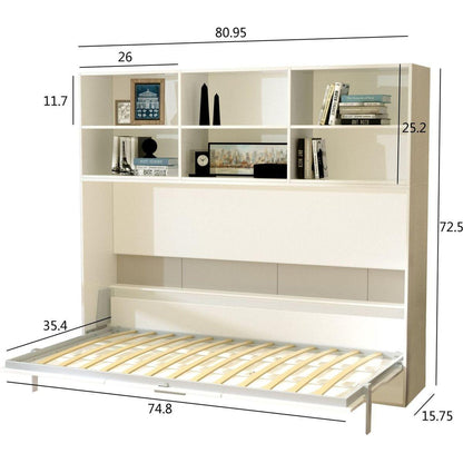 Mordern Design Twin Size Horizontal Murphy Bed with Shelf Storage for Bedroom or Guestroom White Wall Bed Space Saving Hidden Bed with New Style Gas Struts