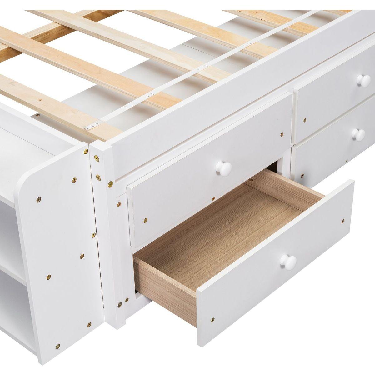 Full Bed with Bookcase Headboard, Under bed Storage Drawers and Bed End Storage Case,White