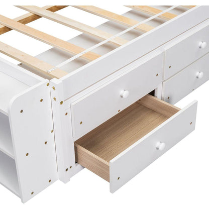 Full Bed with Bookcase Headboard, Under bed Storage Drawers and Bed End Storage Case,White